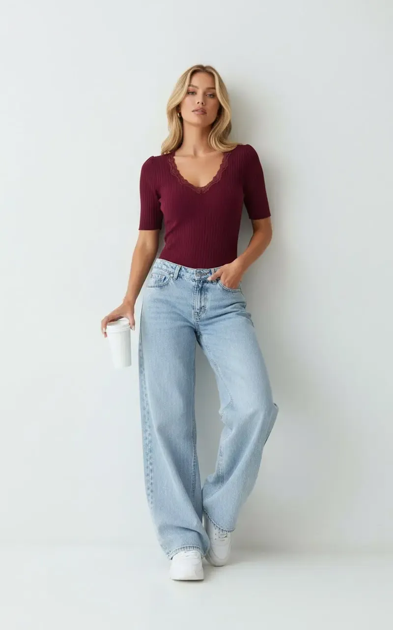 Kadın V Yaka Dantel Detay Kaşkorse Triko Kazak 12427.Vrt