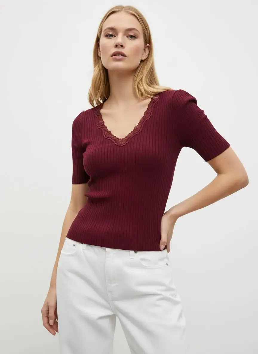 Kadın V Yaka Dantel Detay Kaşkorse Triko Kazak 12427.Vrt