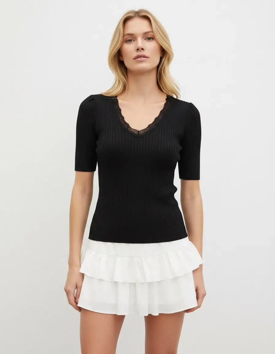 Kadın V Yaka Dantel Detay Kaşkorse Triko Kazak 12427.Vrt