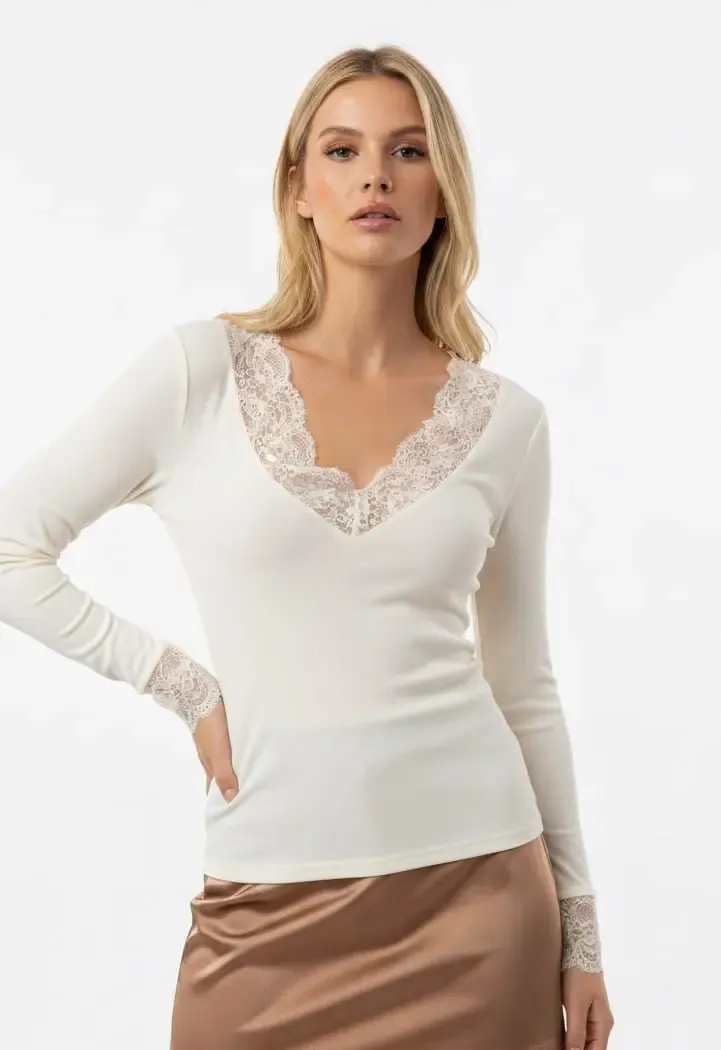 Kadın V Yaka Dantel Detay Penye Bluz 13010