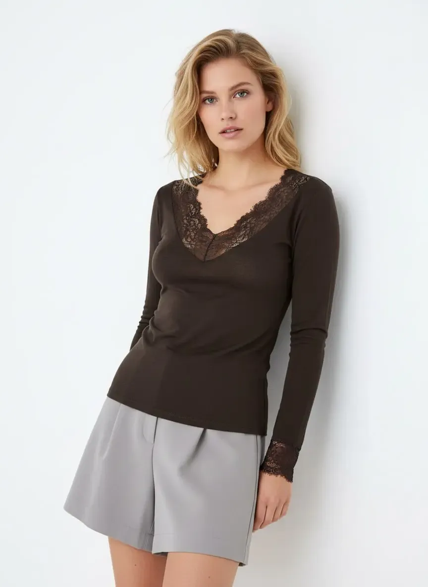 Kadın V Yaka Dantel Detay Penye Bluz 13010