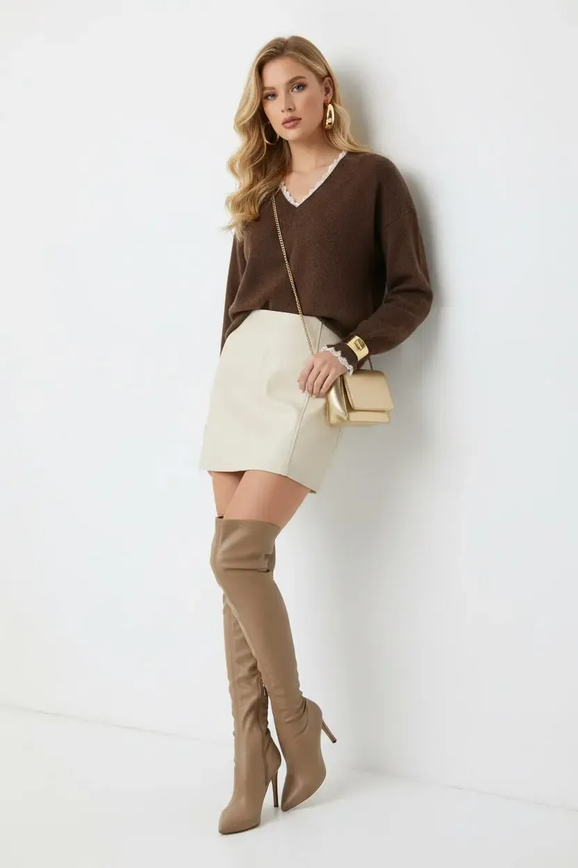 Kadın V Yaka Dantel Detaylı Şardonlu Triko Kazak 8716