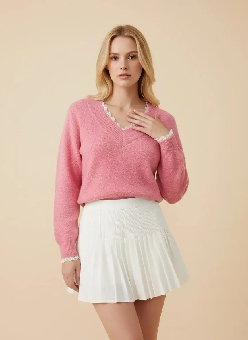 Kadın V Yaka Dantel Detaylı Şardonlu Triko Kazak 8716