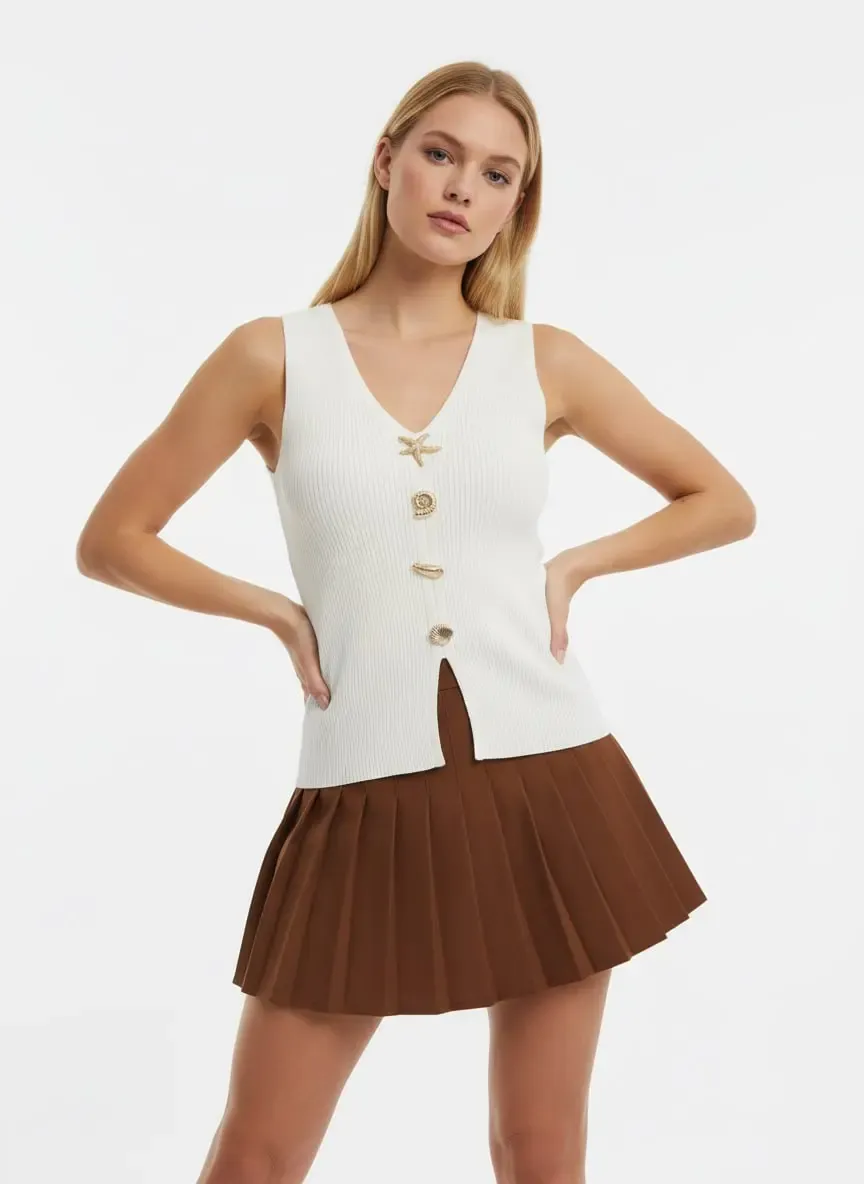 Kadın V yaka Gold Aksesuar Detaylı Premium İplik Triko Kazak 12437