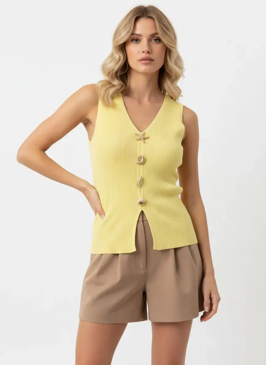 Kadın V yaka Gold Aksesuar Detaylı Premium İplik Triko Kazak 12437