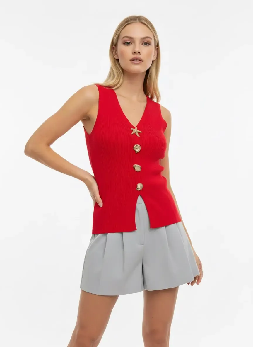 Kadın V yaka Gold Aksesuar Detaylı Premium İplik Triko Kazak 12437