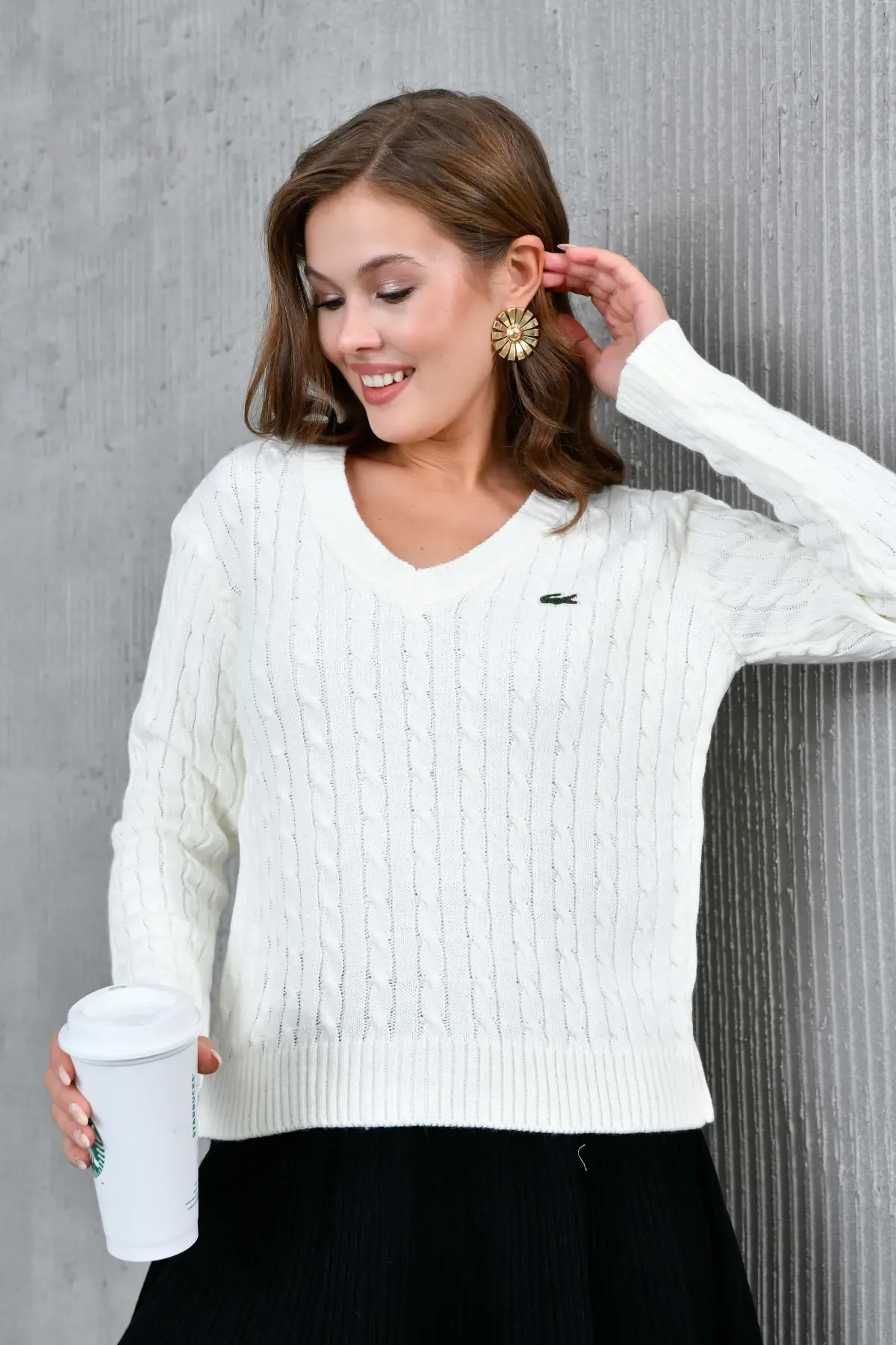 Kadın V Yaka Saç Örgü Triko Kazak 8450Sw