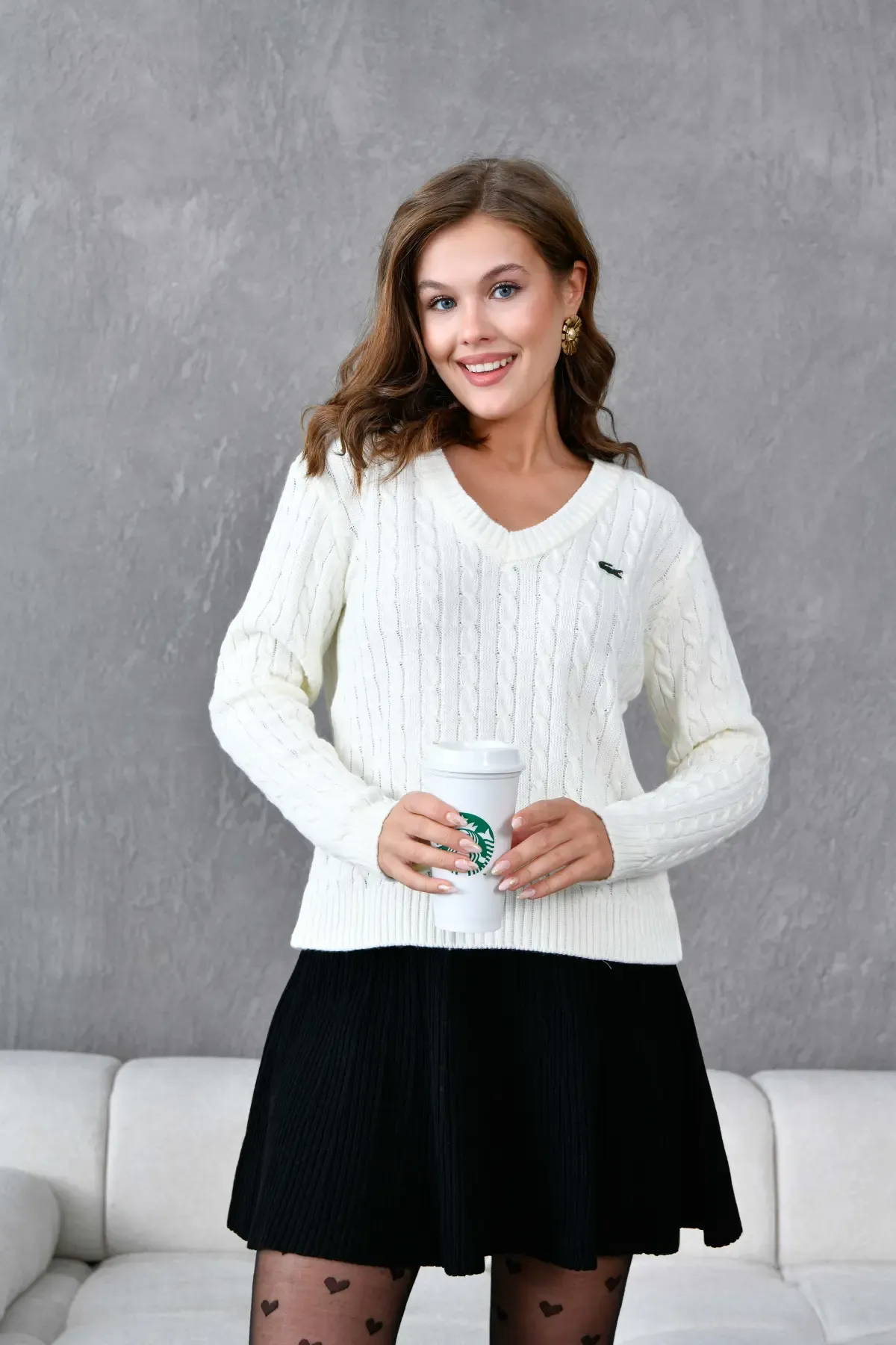 Kadın V Yaka Saç Örgü Triko Kazak 8450Sw