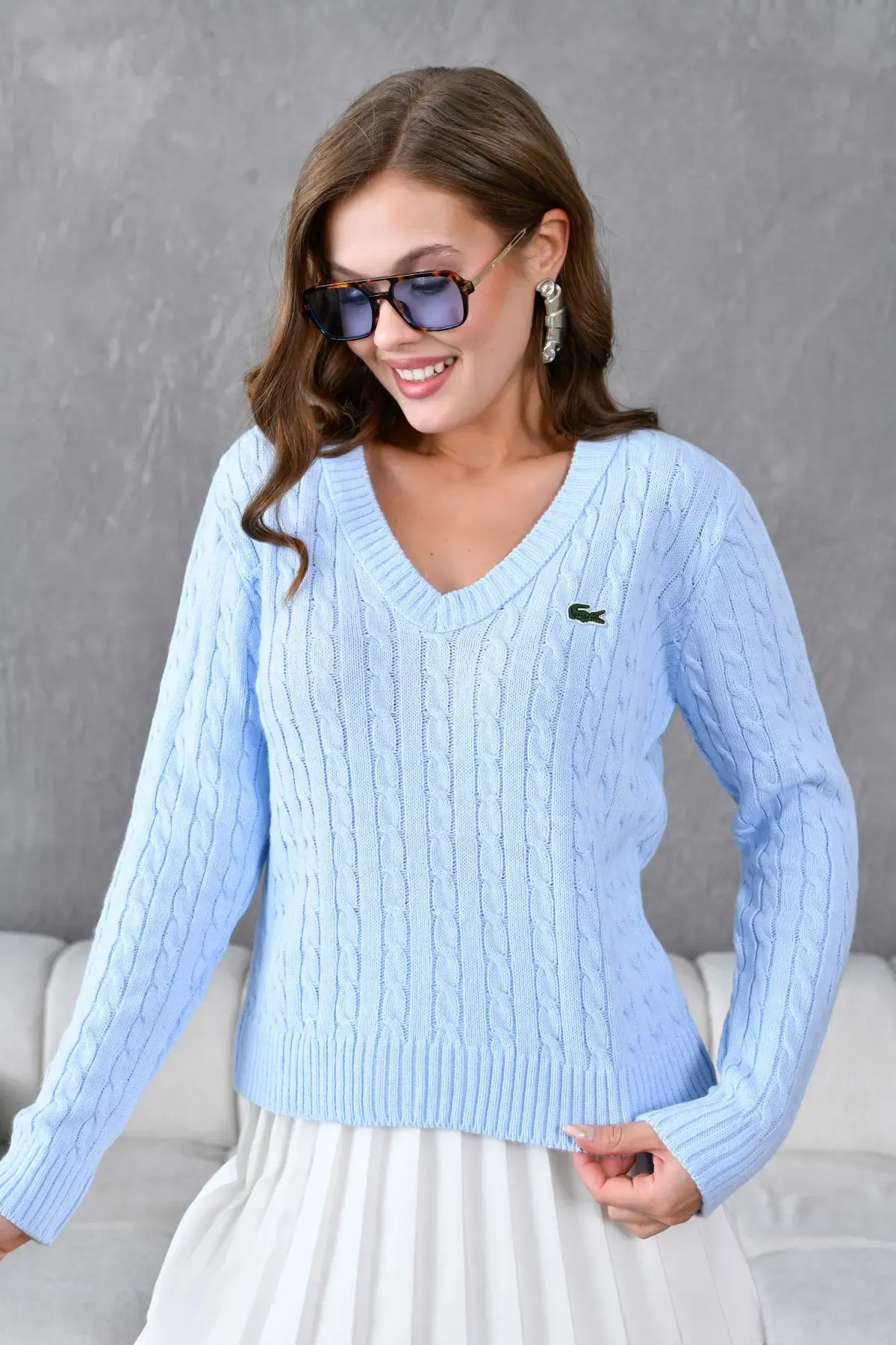 Kadın V Yaka Saç Örgü Triko Kazak 8450Sw