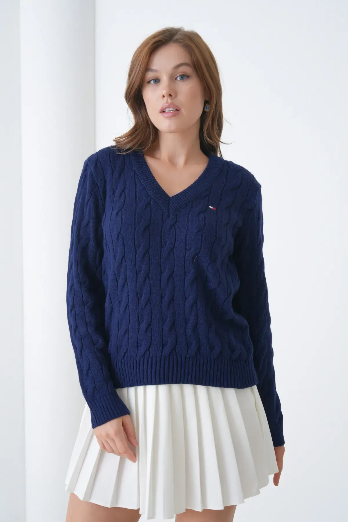 Kadın V Yaka Saç Örgü Triko Kazak 8683