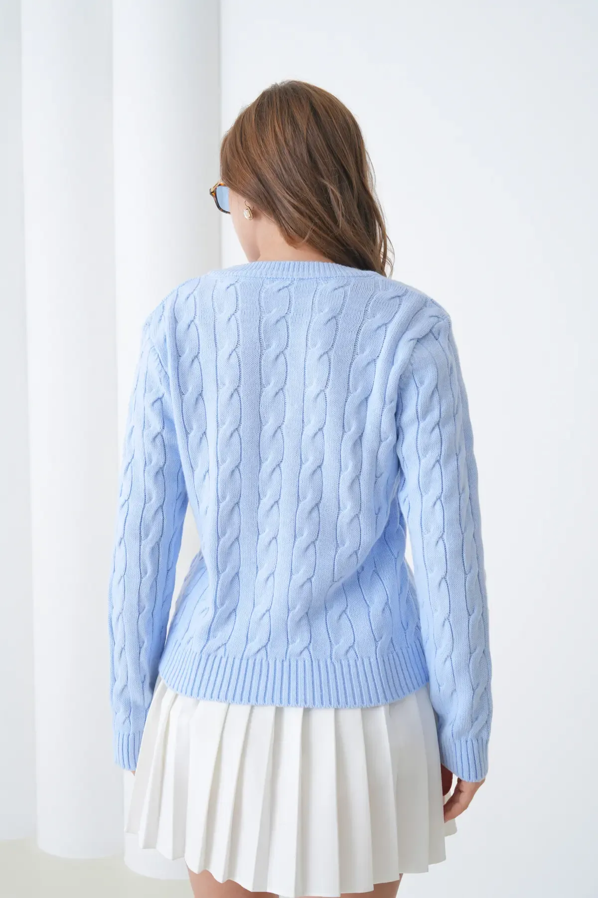 Kadın V Yaka Saç Örgü Triko Kazak 8683