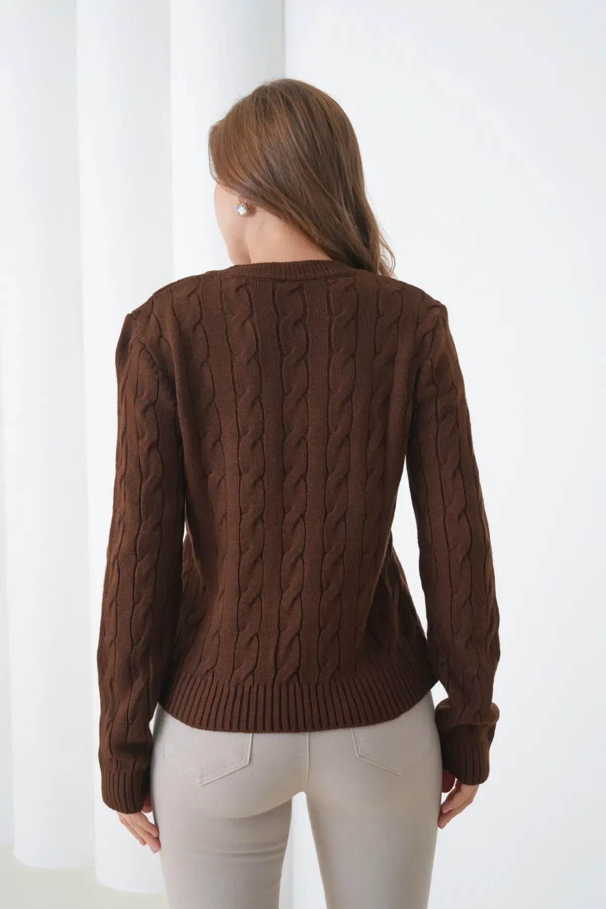 Kadın V Yaka Saç Örgü Triko Kazak 8683