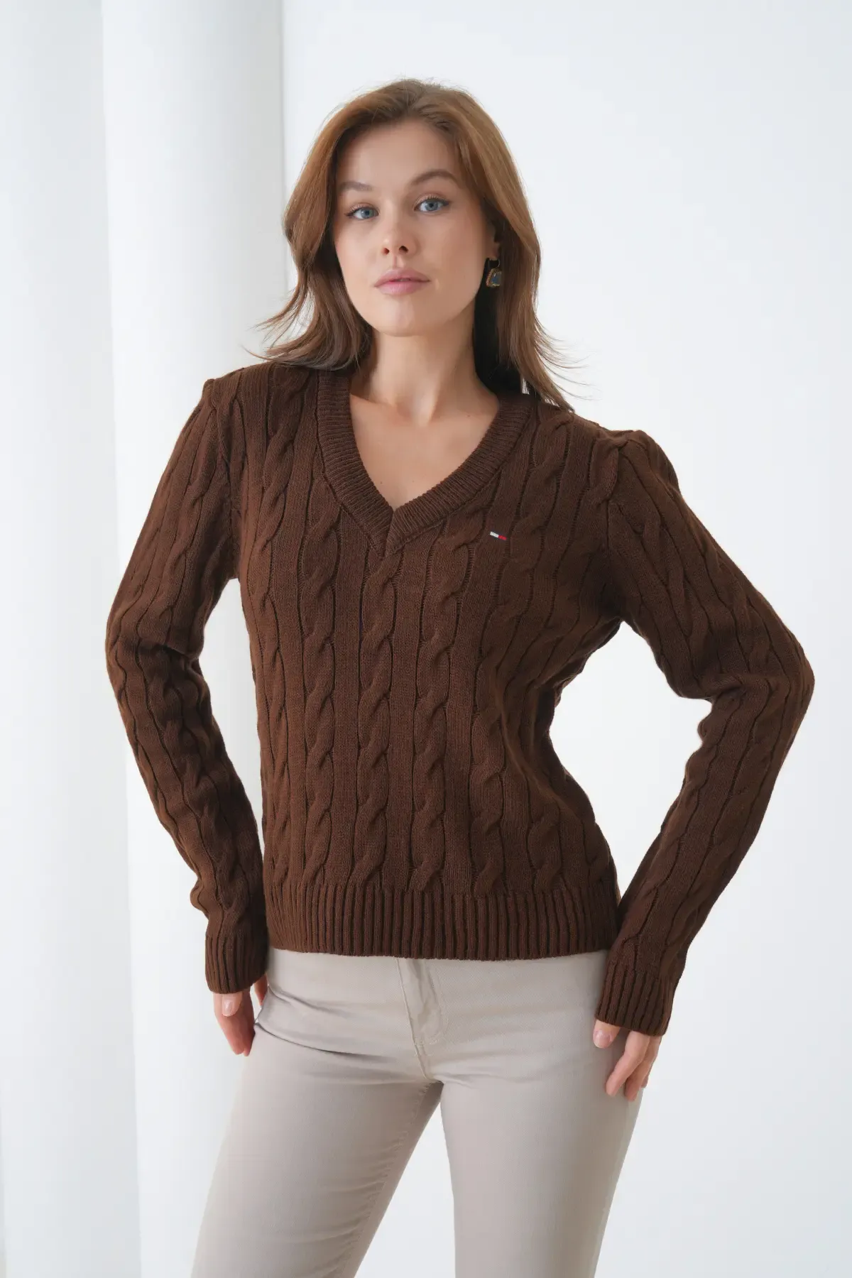 Kadın V Yaka Saç Örgü Triko Kazak 8683