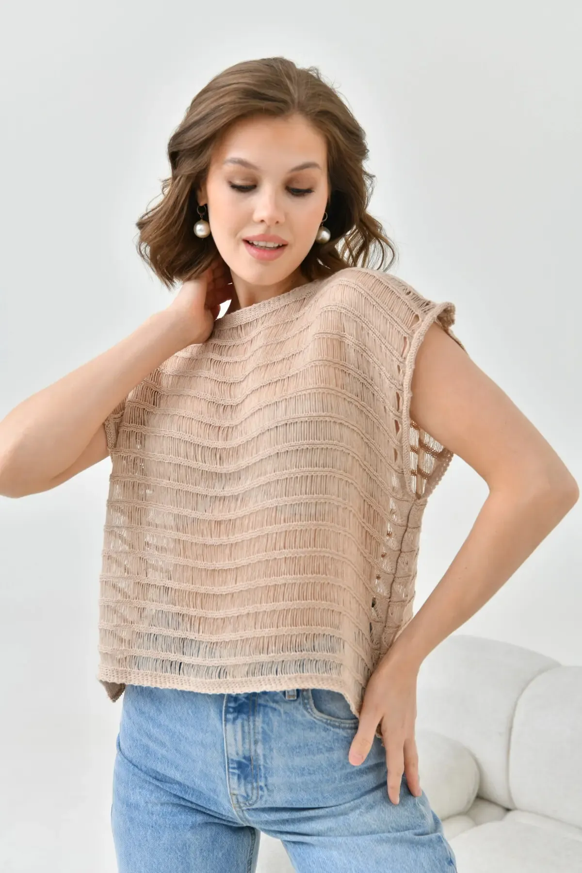 Kadın Vizon Ajurlu Kayık Yaka Salaş Triko Bluz