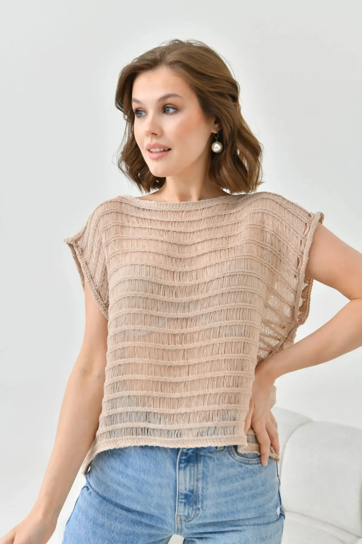 Kadın Vizon Ajurlu Kayık Yaka Salaş Triko Bluz