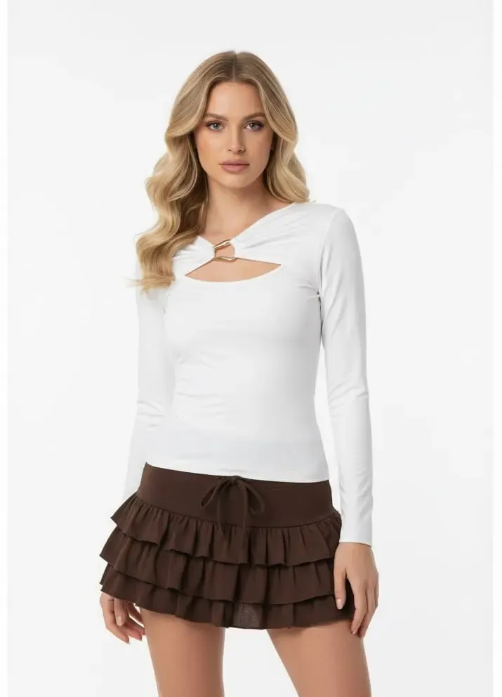 Kadın Yaka Detay Aksesuarlı Uzun Kol Penye Bluz 13013