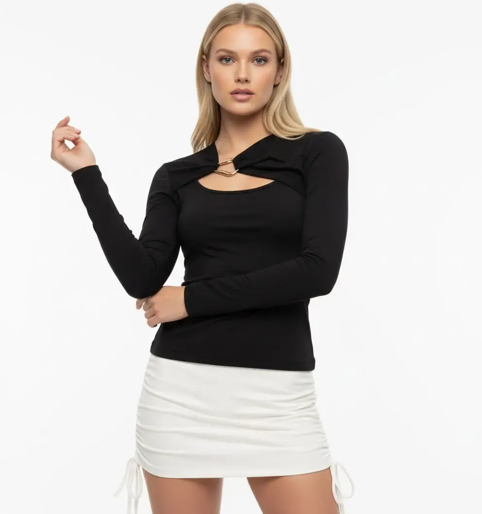 Kadın Yaka Detay Aksesuarlı Uzun Kol Penye Bluz 13013