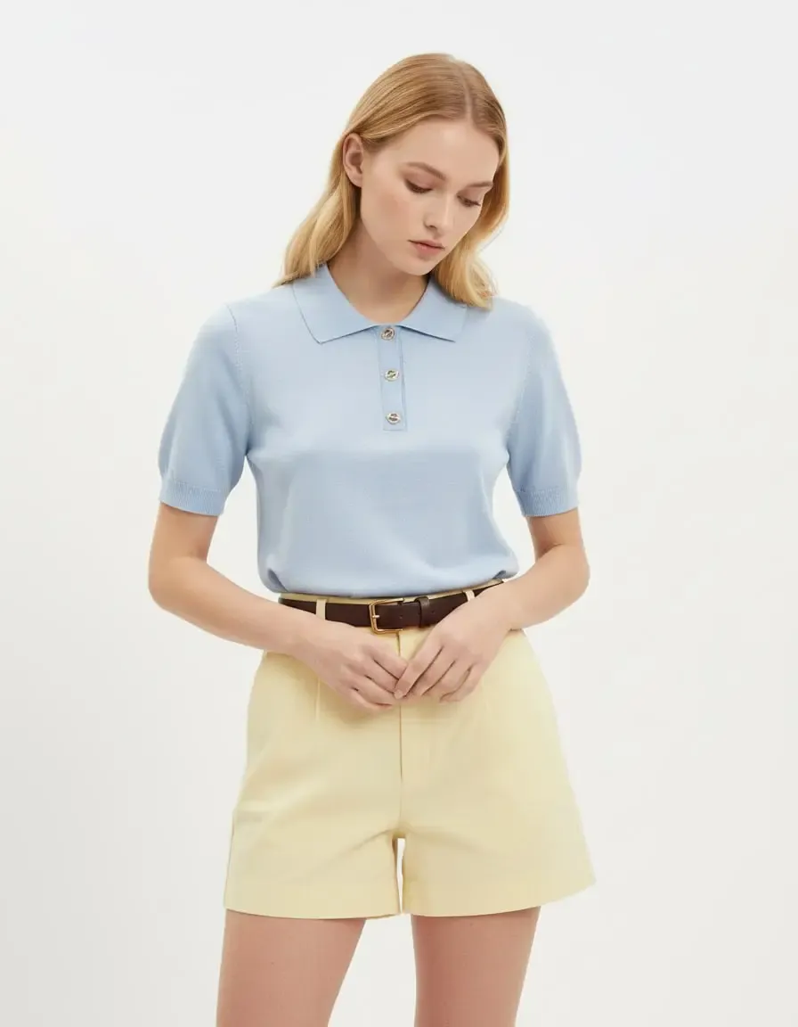 Polo Yaka Düğme Detaylı Triko Kazak