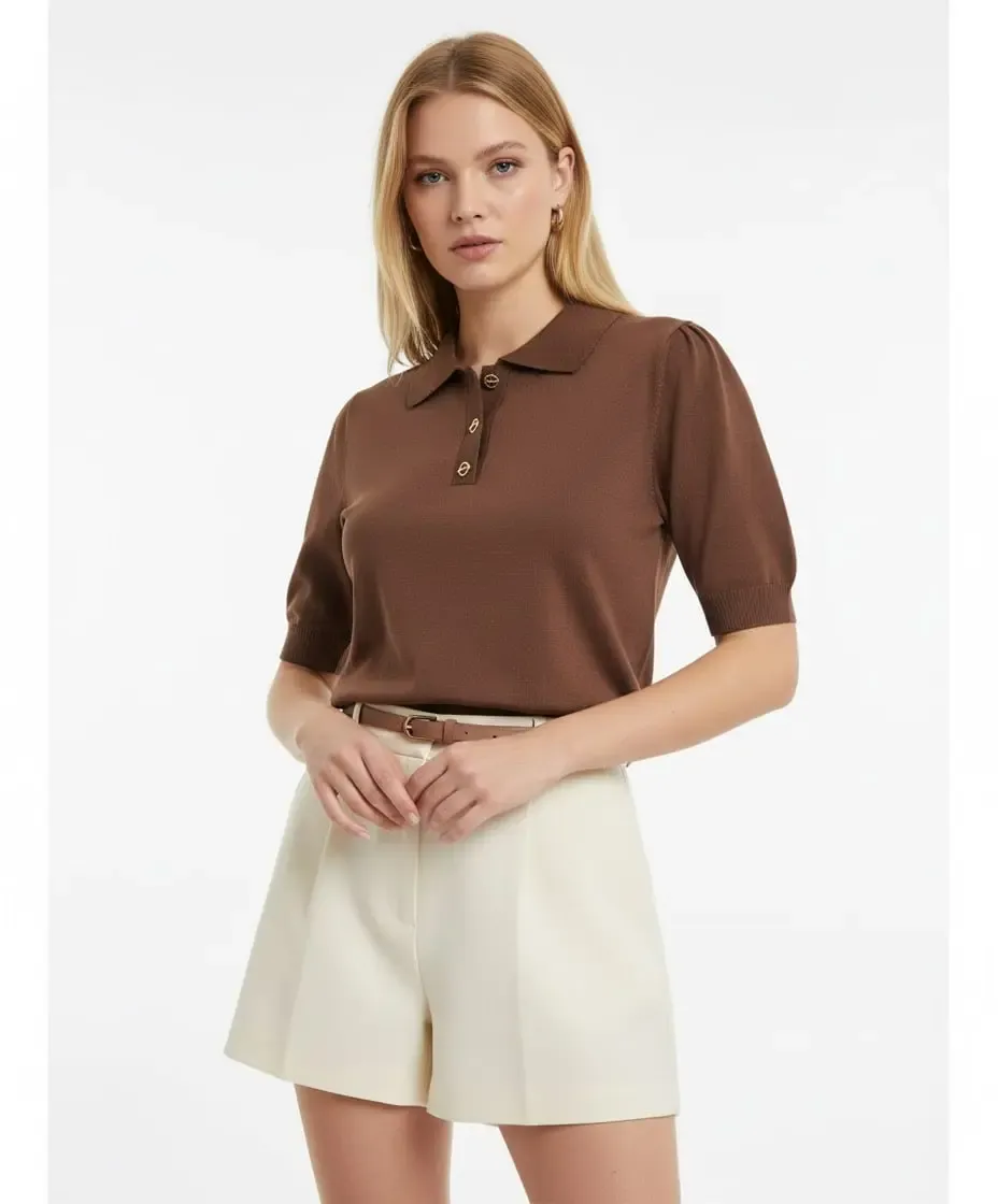 Polo Yaka Düğme Detaylı Triko Kazak