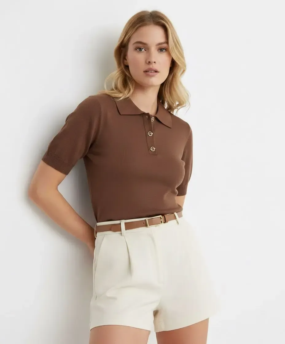 Polo Yaka Düğme Detaylı Triko Kazak