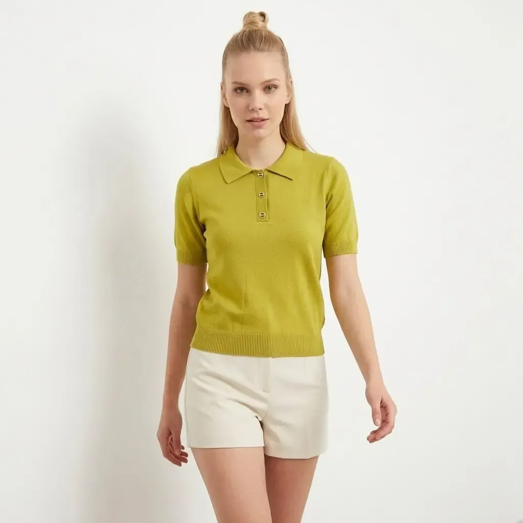 Polo Yaka Düğme Detaylı Triko Kazak