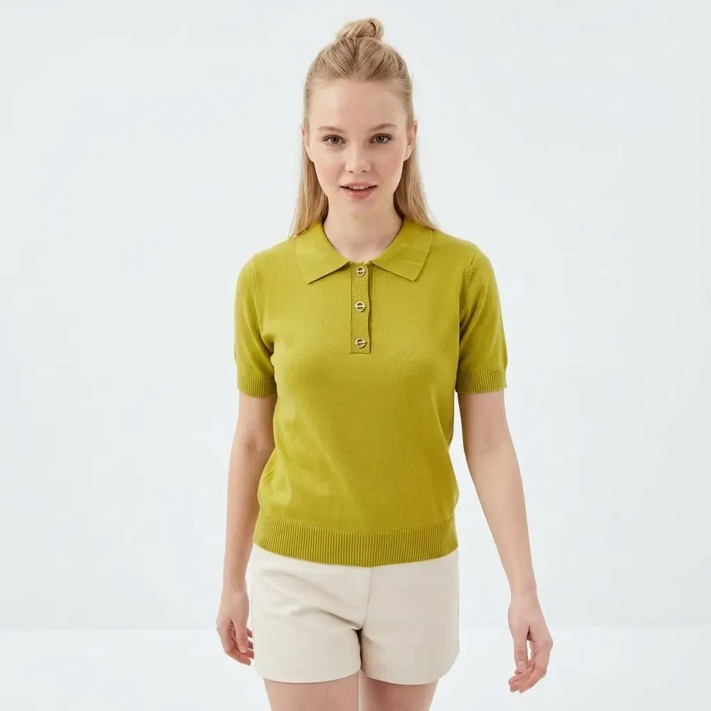 Polo Yaka Düğme Detaylı Triko Kazak