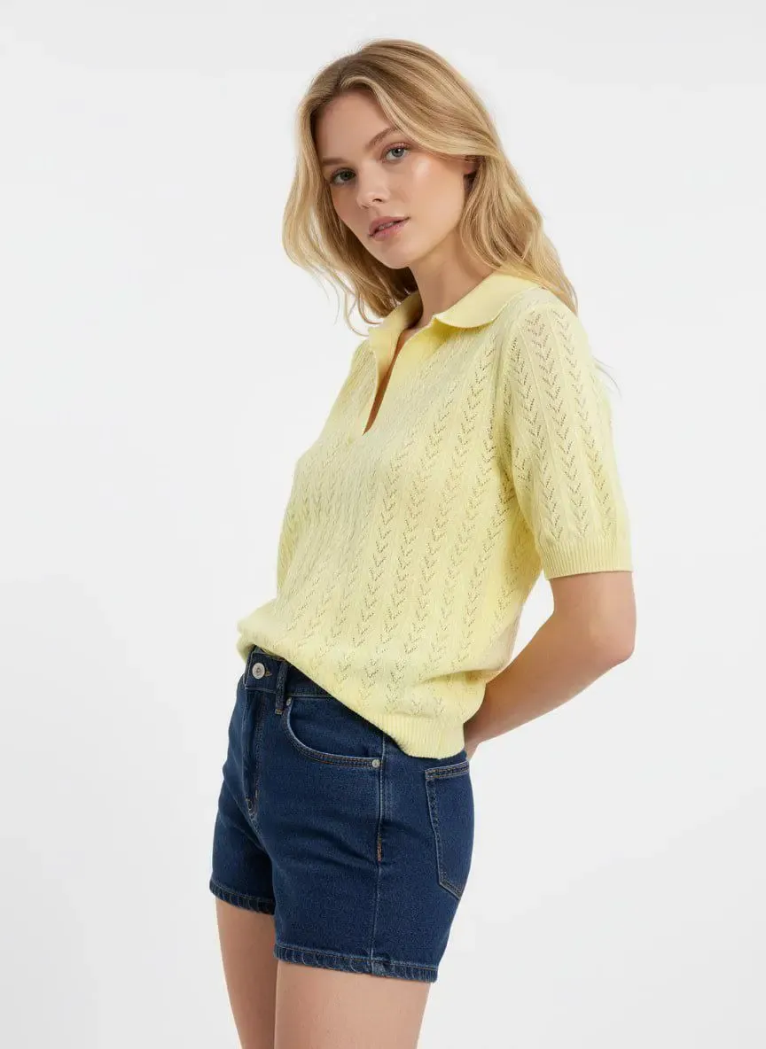 Polo Yaka Kısa Kol Ajurlu Polo Triko Kazak