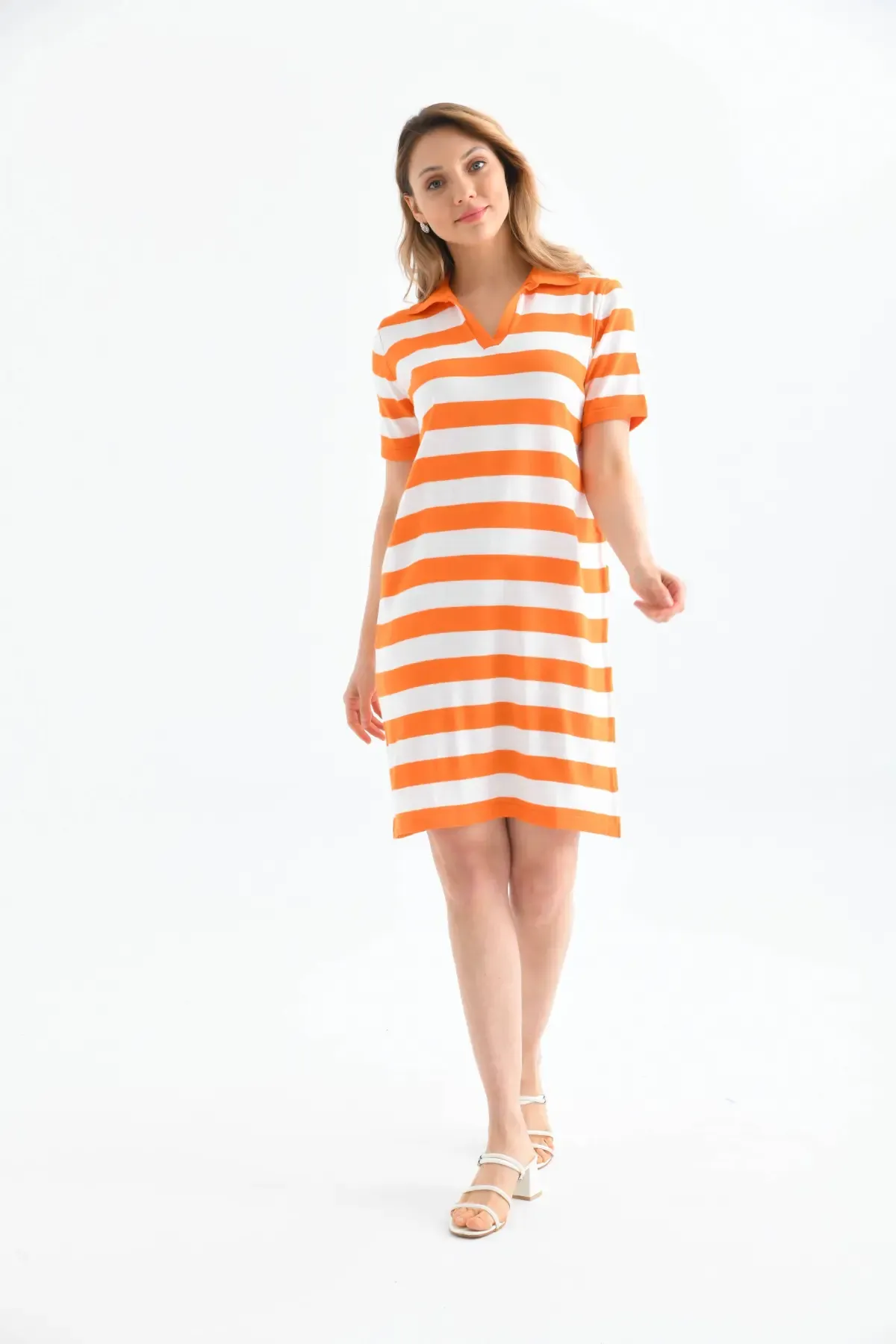 10028 Kadın Polo Yaka Çizgili Triko Elbise