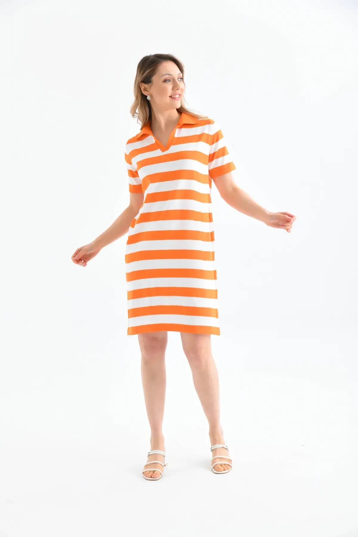 10028 Kadın Polo Yaka Çizgili Triko Elbise