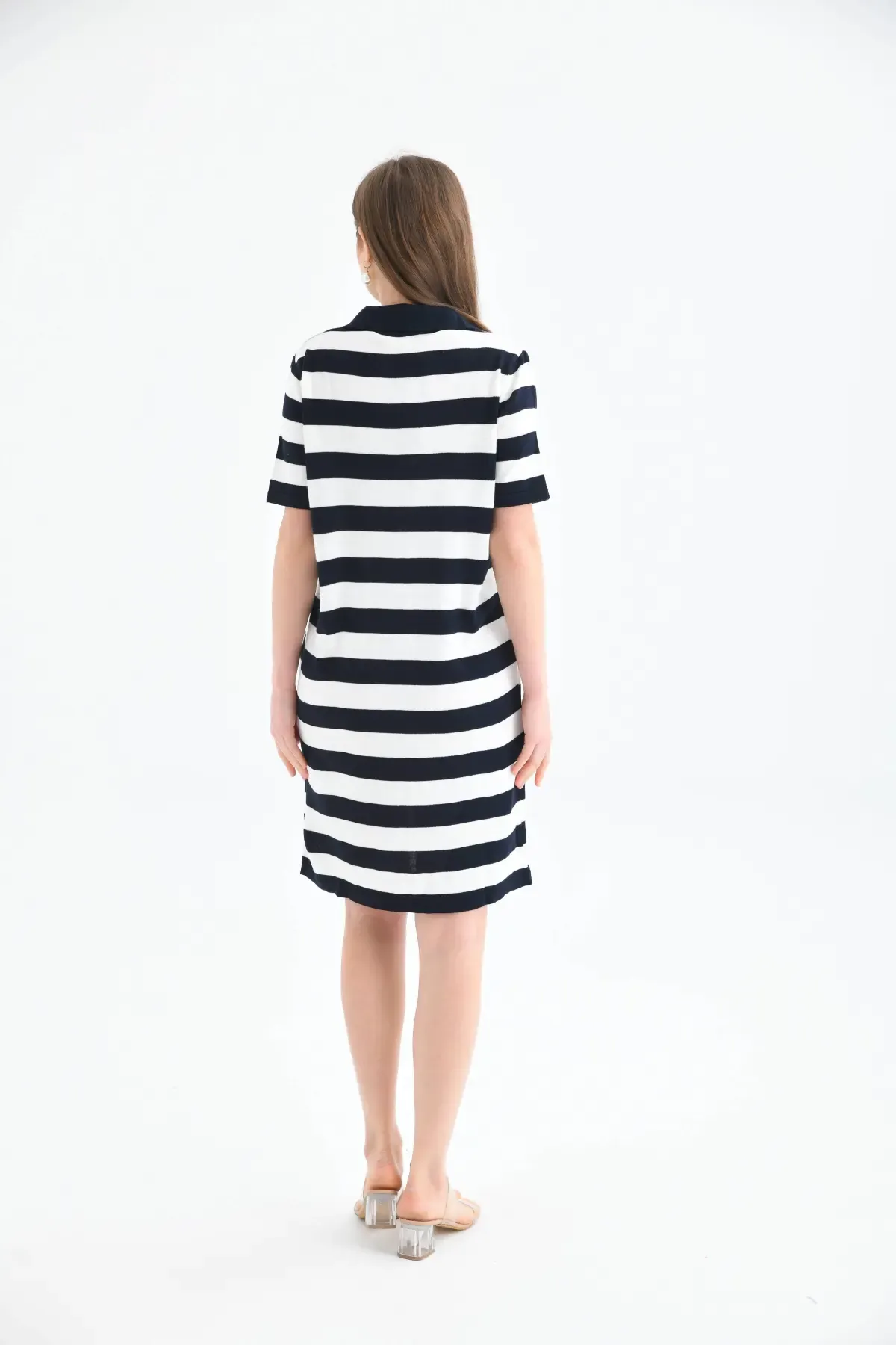 10028 Kadın Polo Yaka Çizgili Triko Elbise
