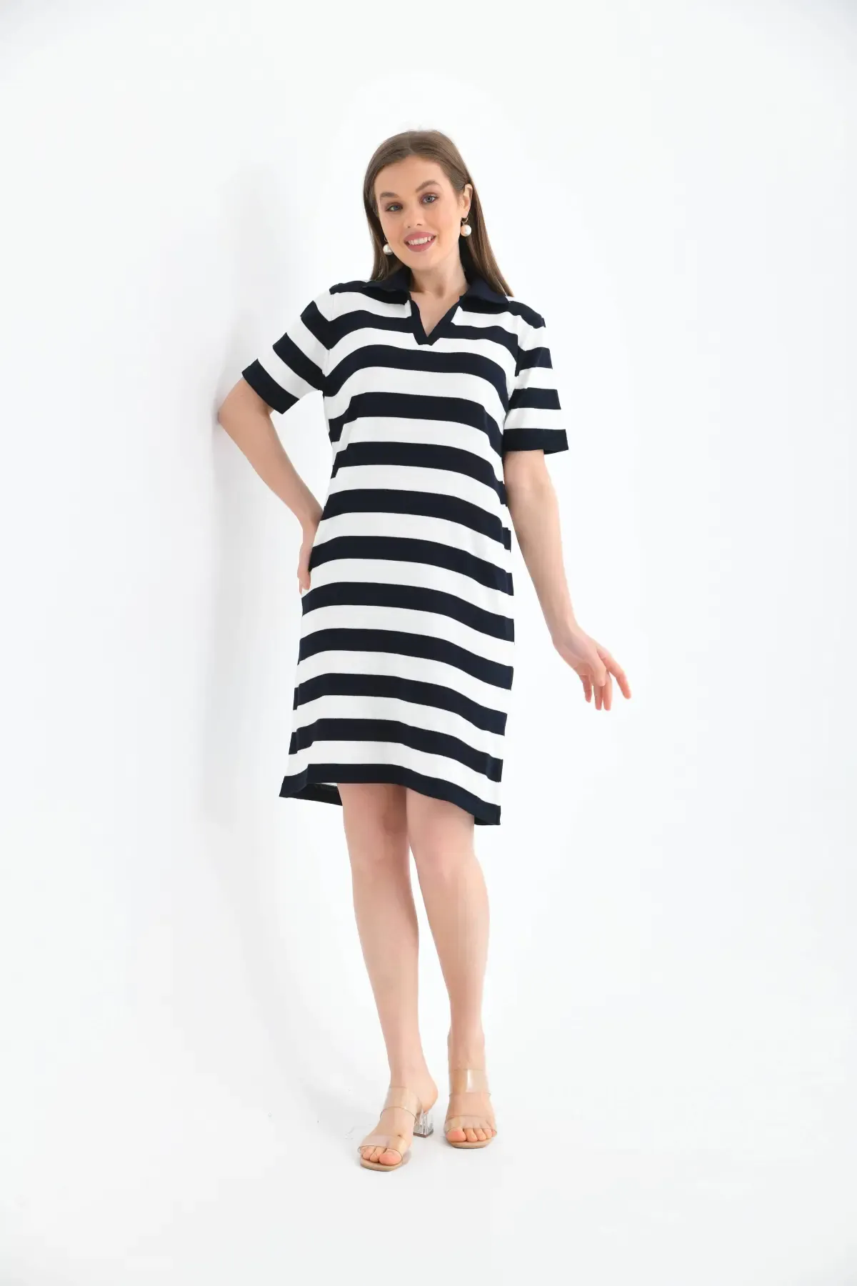10028 Kadın Polo Yaka Çizgili Triko Elbise