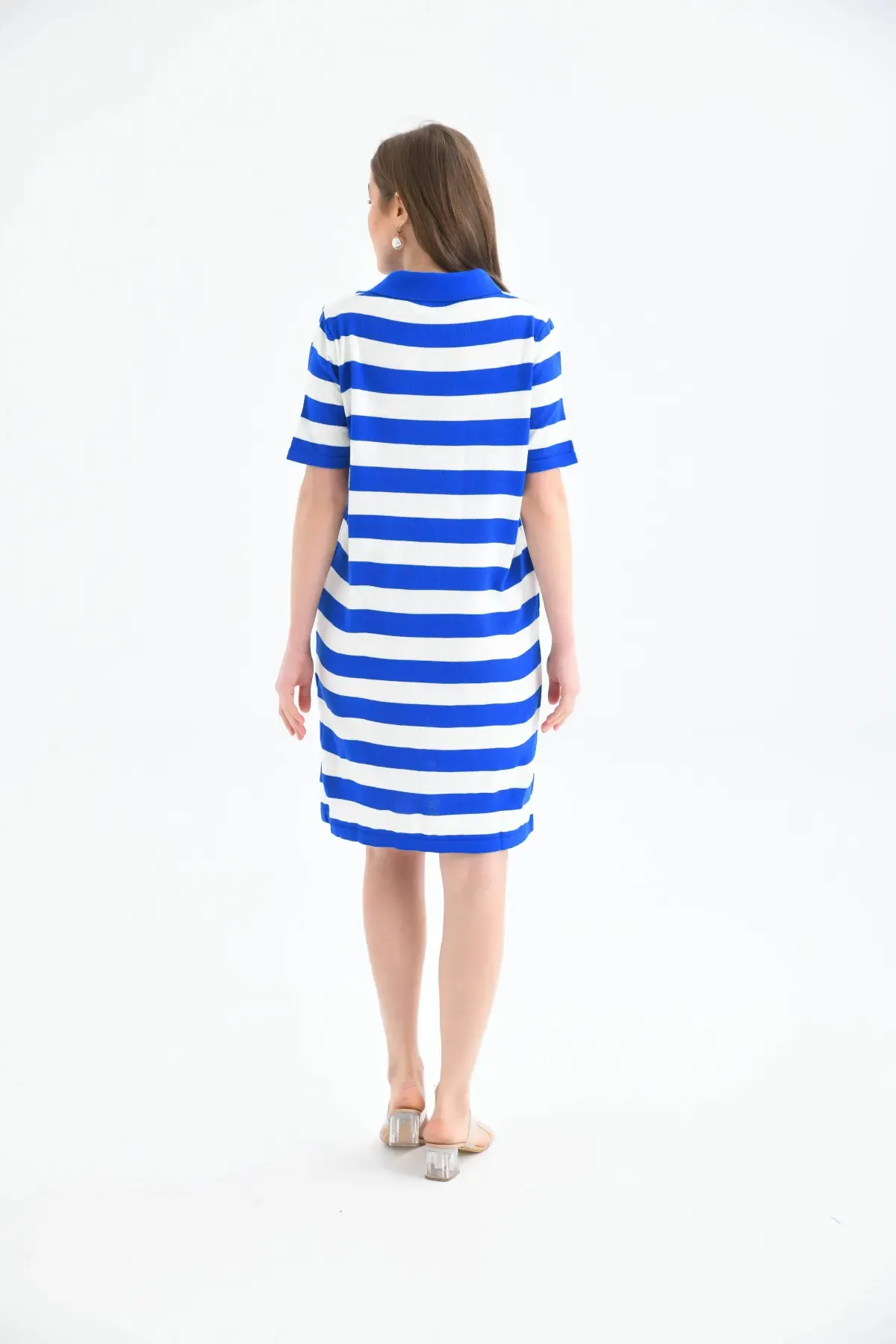 10028 Kadın Polo Yaka Çizgili Triko Elbise