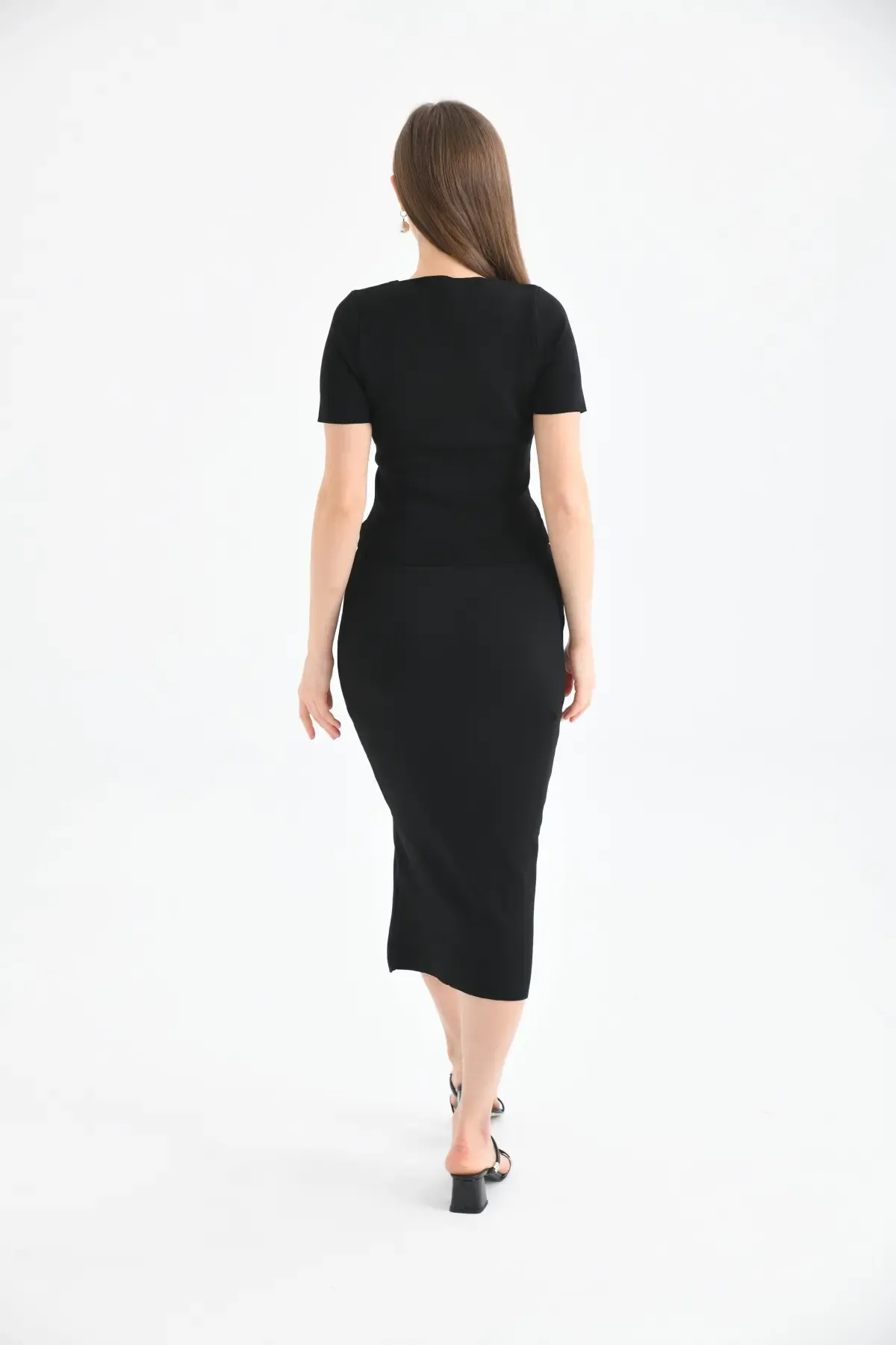 10080 Kadın Kare Yaka Crop Bluz Yırtmaçlı Uzun Etek Triko Alt Üst Takım