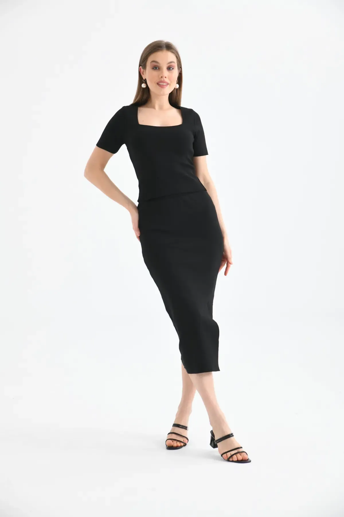 10080 Kadın Kare Yaka Crop Bluz Yırtmaçlı Uzun Etek Triko Alt Üst Takım