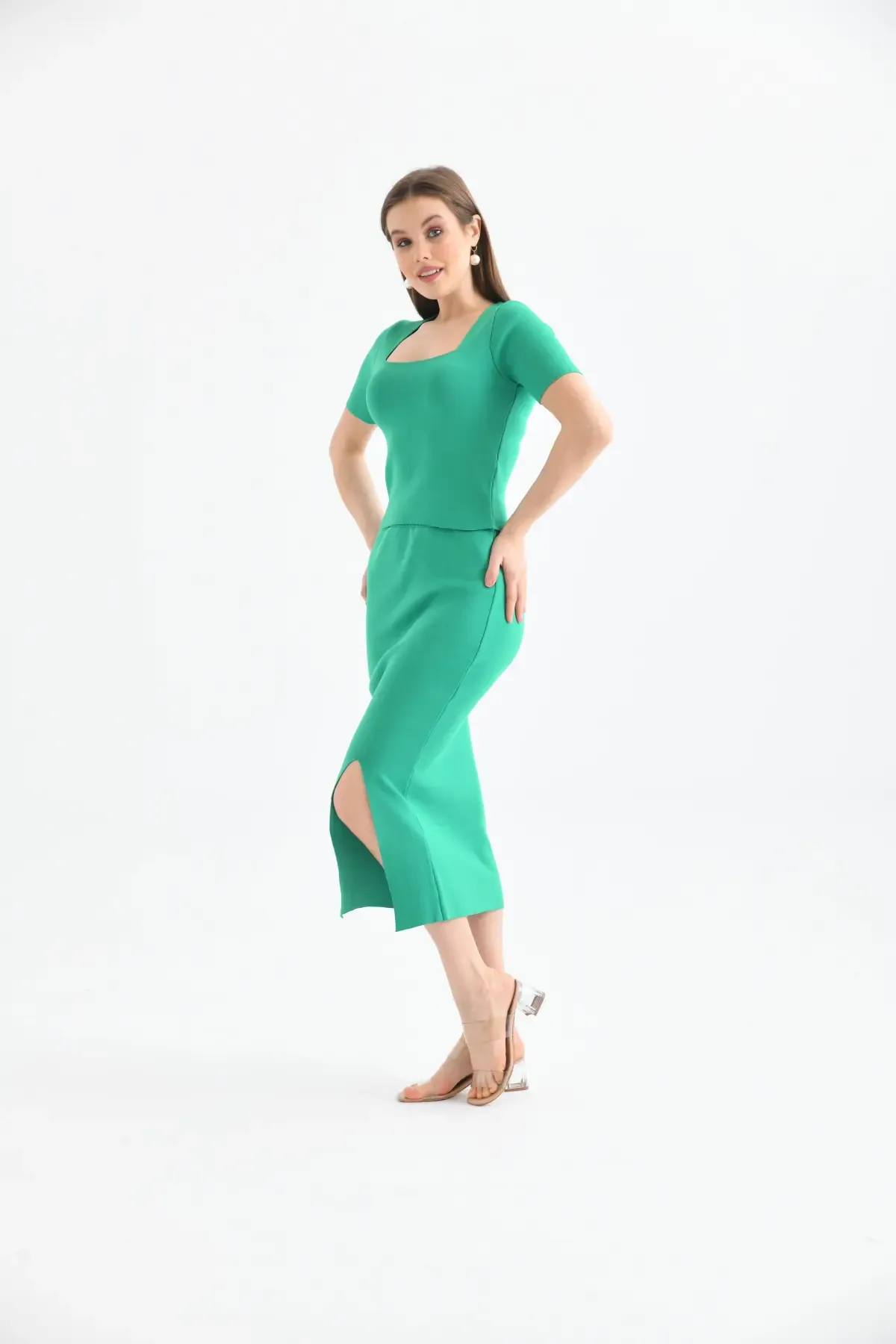 10080 Kadın Kare Yaka Crop Bluz Yırtmaçlı Uzun Etek Triko Alt Üst Takım