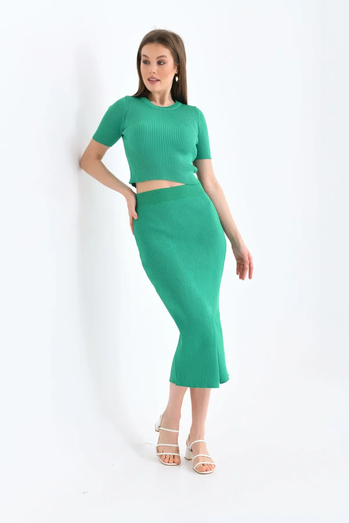 10139 Kadın Bisiklet Yaka Kaşkorse Yırtmaçlı Uzun Etek Kazak Triko Alt Üst Takım