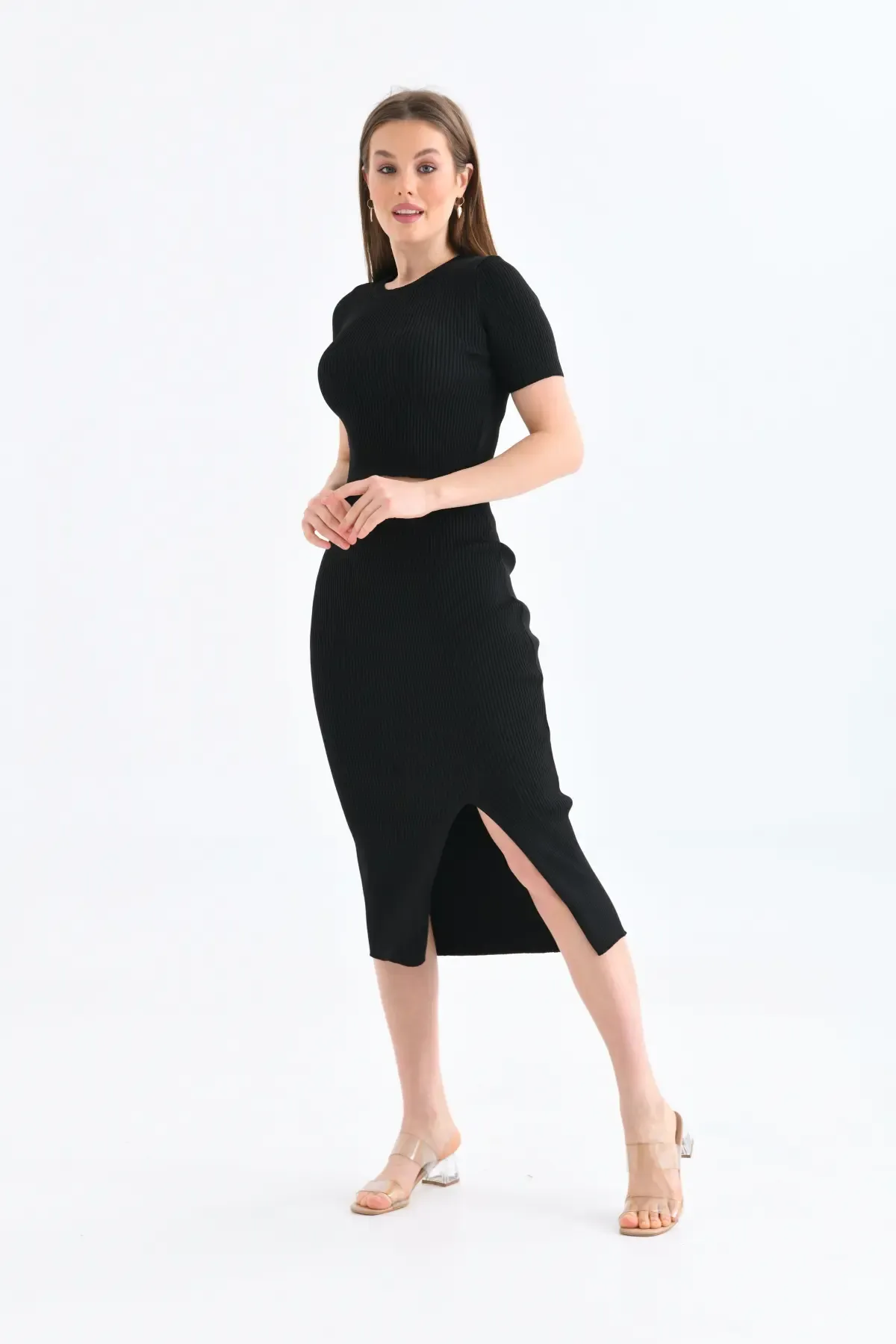 10139 Kadın Bisiklet Yaka Kaşkorse Yırtmaçlı Uzun Etek Kazak Triko Alt Üst Takım