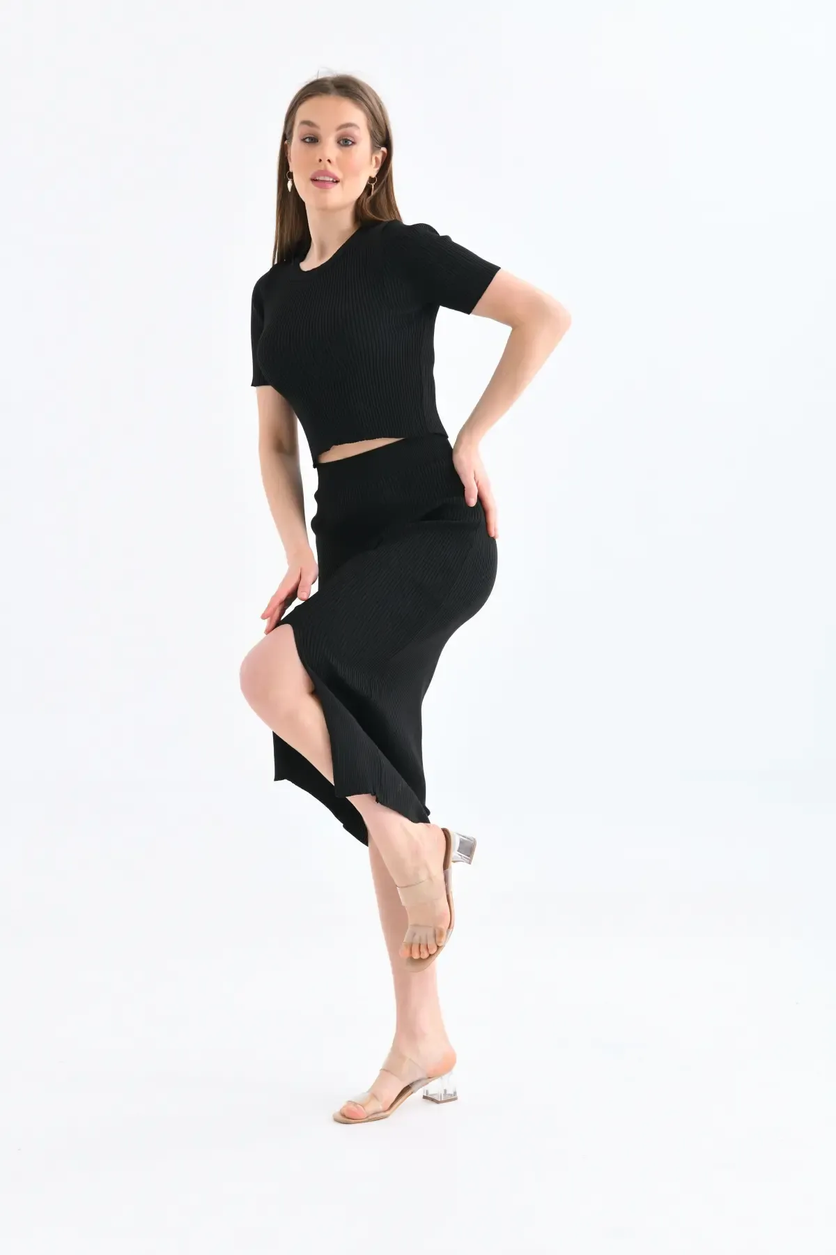 10139 Kadın Bisiklet Yaka Kaşkorse Yırtmaçlı Uzun Etek Kazak Triko Alt Üst Takım