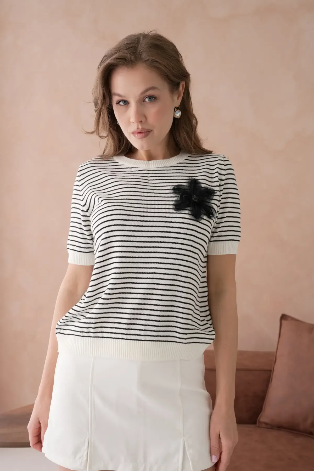 10151 Kadın Bisiklet Yaka Aplikeli Çizgili Triko Kazak