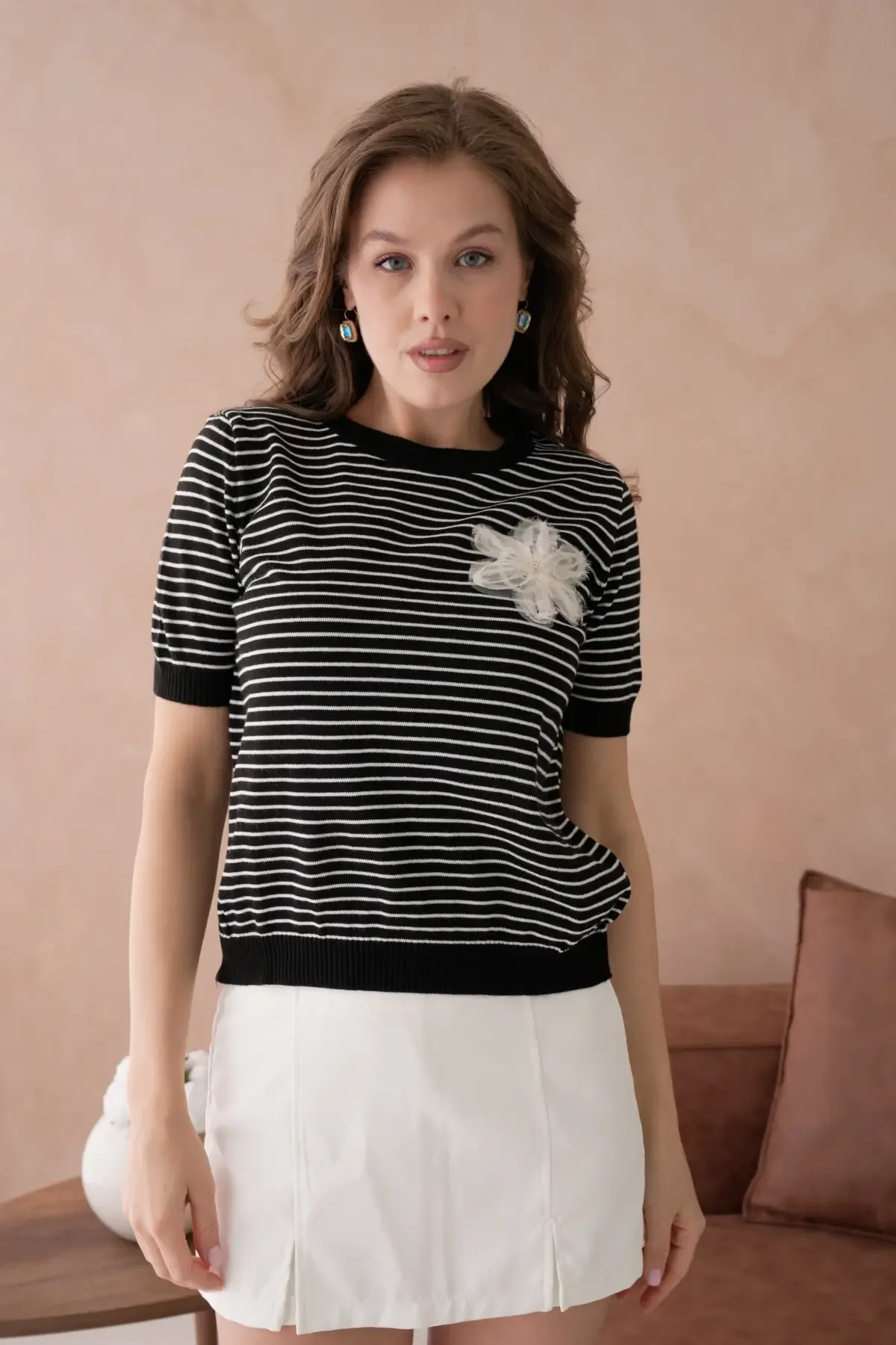 10151 Kadın Bisiklet Yaka Aplikeli Çizgili Triko Kazak