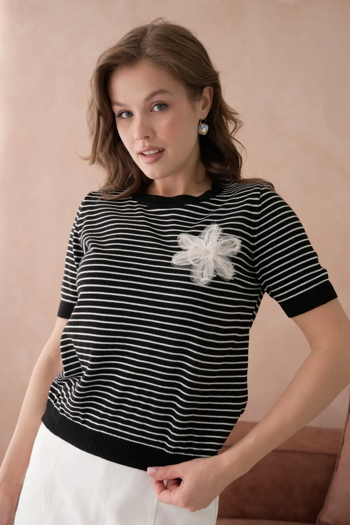 10151 Kadın Bisiklet Yaka Aplikeli Çizgili Triko Kazak