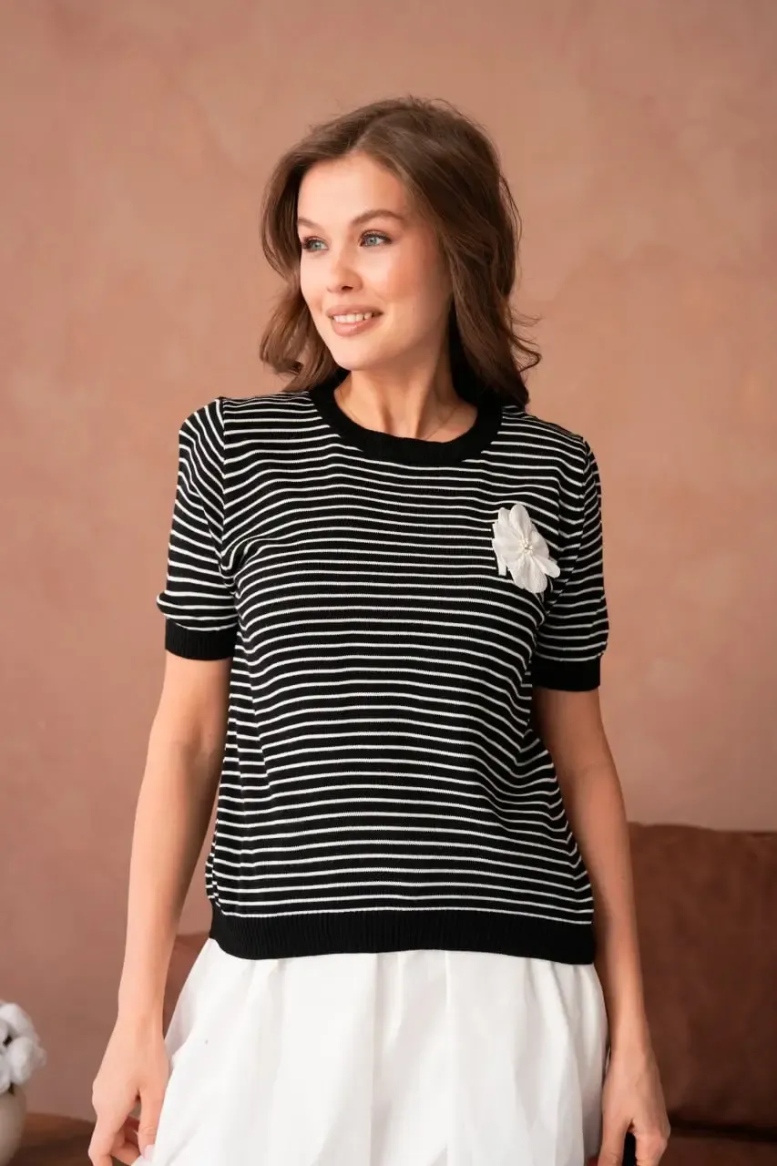 10153 Kadın Bisiklet Yaka Aplikeli Çizgili Triko Kazak