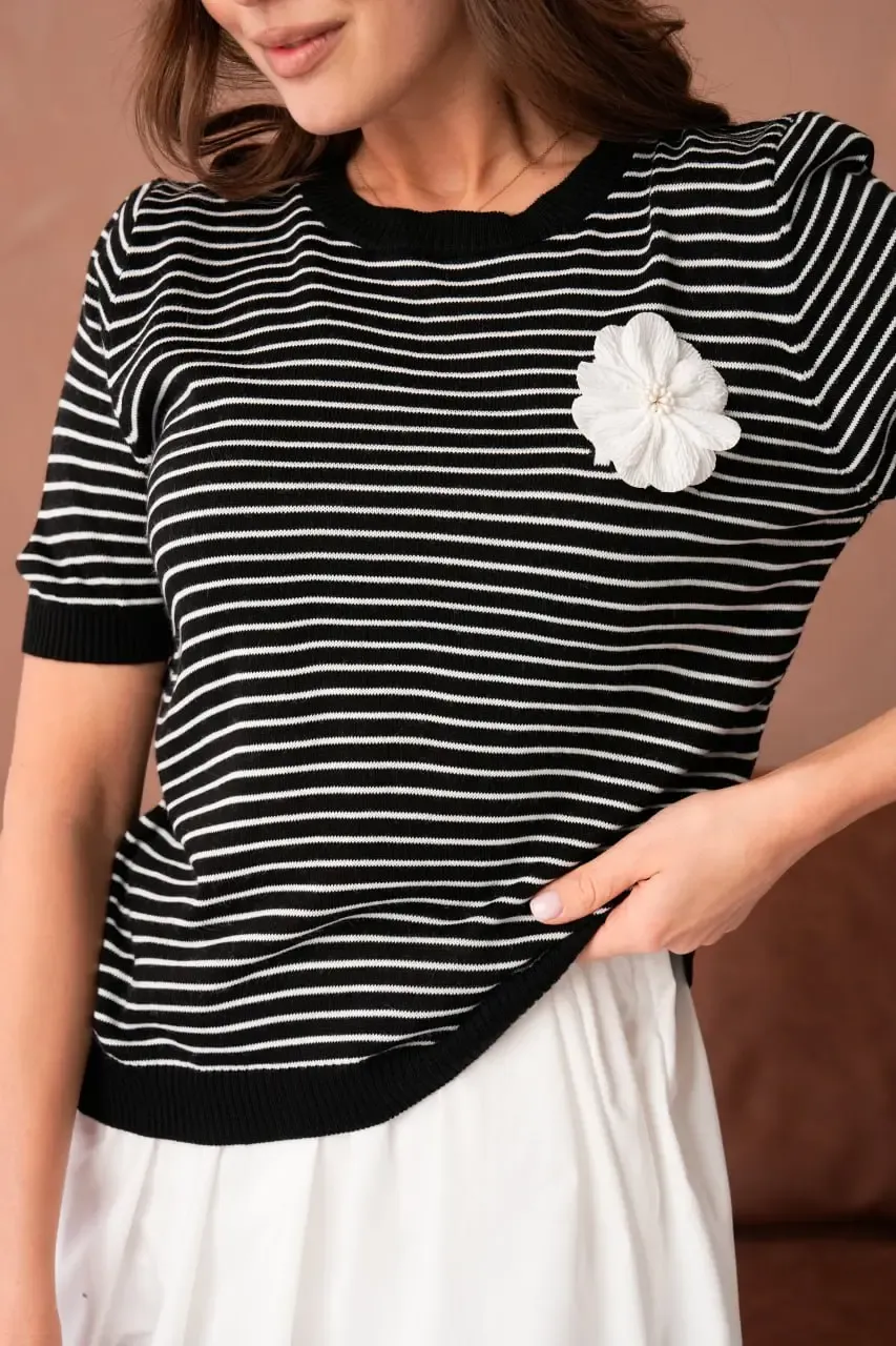 10153 Kadın Bisiklet Yaka Aplikeli Çizgili Triko Kazak