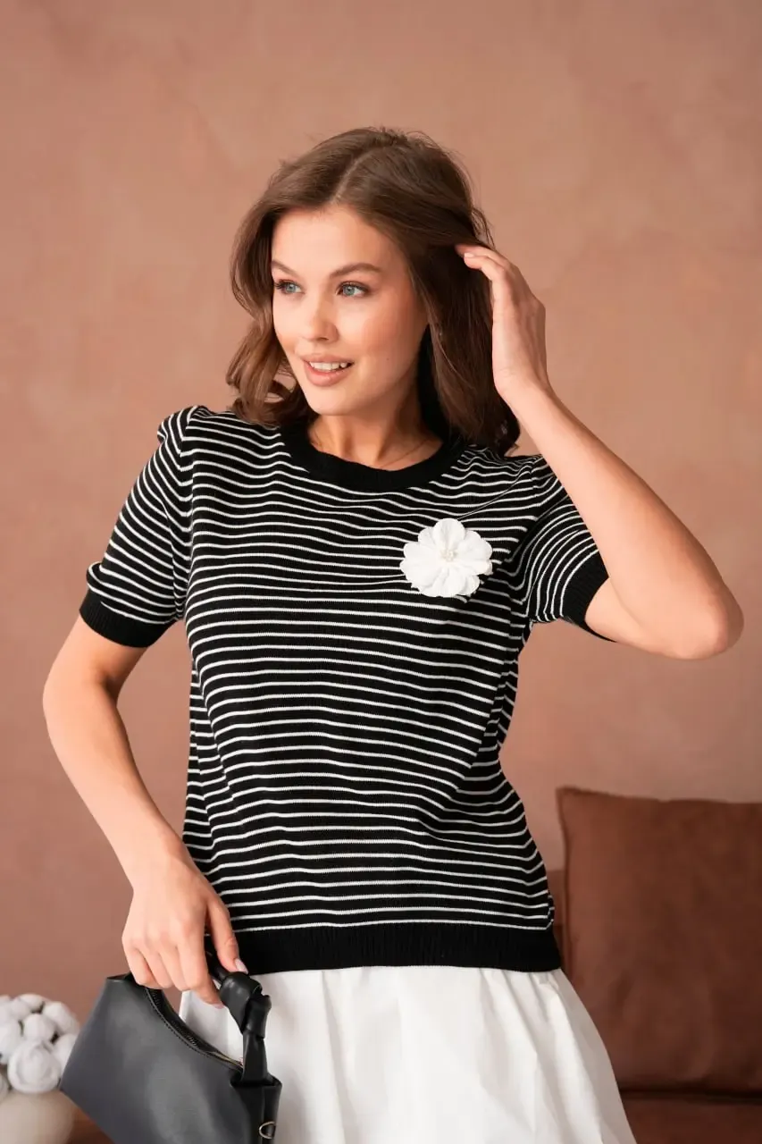 10153 Kadın Bisiklet Yaka Aplikeli Çizgili Triko Kazak