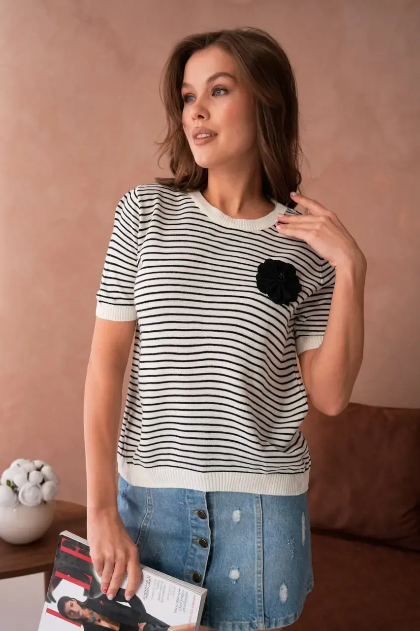 10153 Kadın Bisiklet Yaka Aplikeli Çizgili Triko Kazak