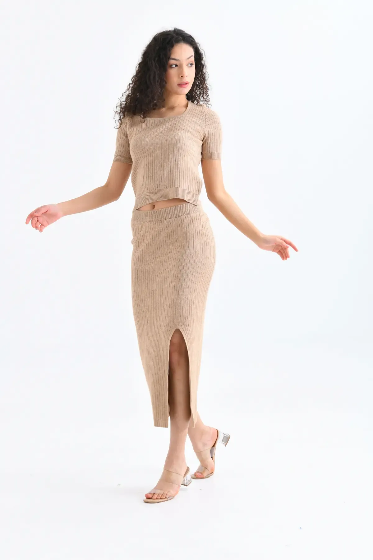 10168 Premium İplik Bluz Uzun Yırtmaçlı Etek Kaşkorse Alt Üst Triko Takım