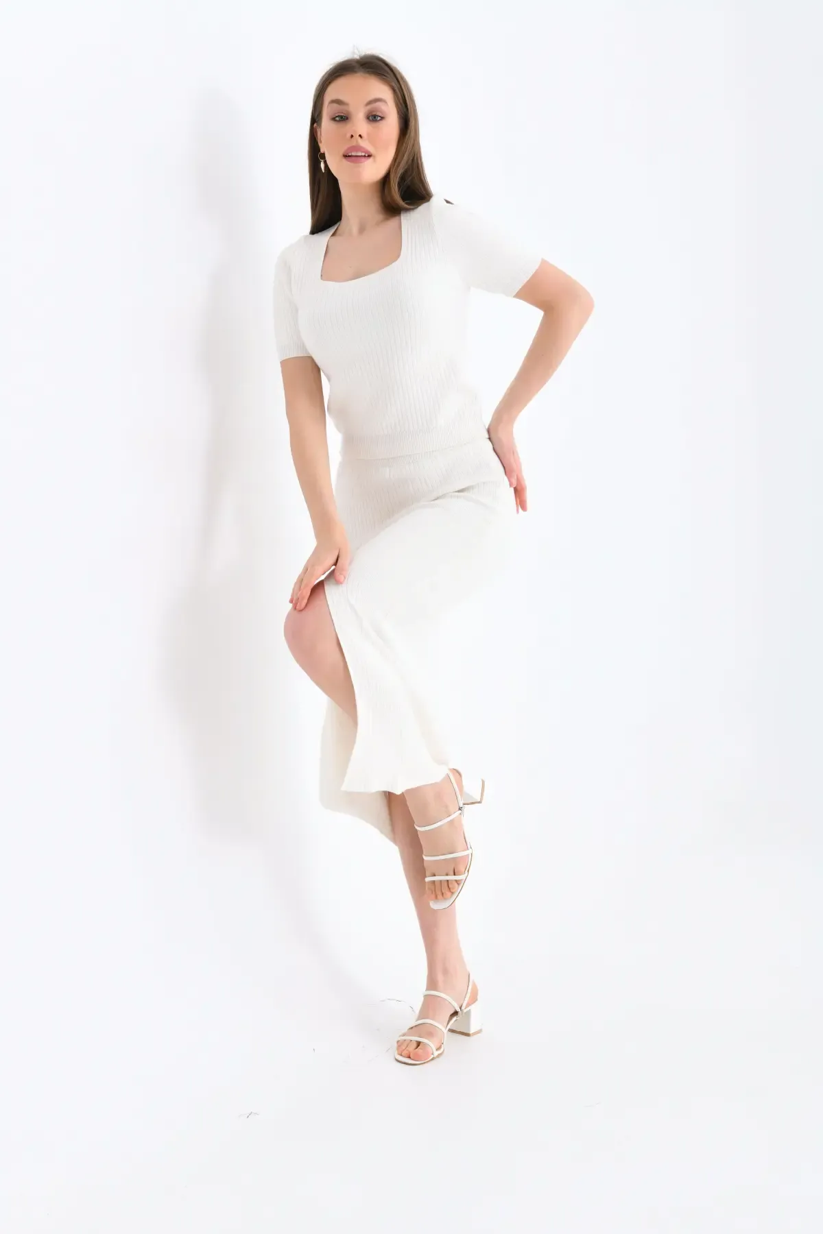 10168 Premium İplik Bluz Uzun Yırtmaçlı Etek Kaşkorse Alt Üst Triko Takım