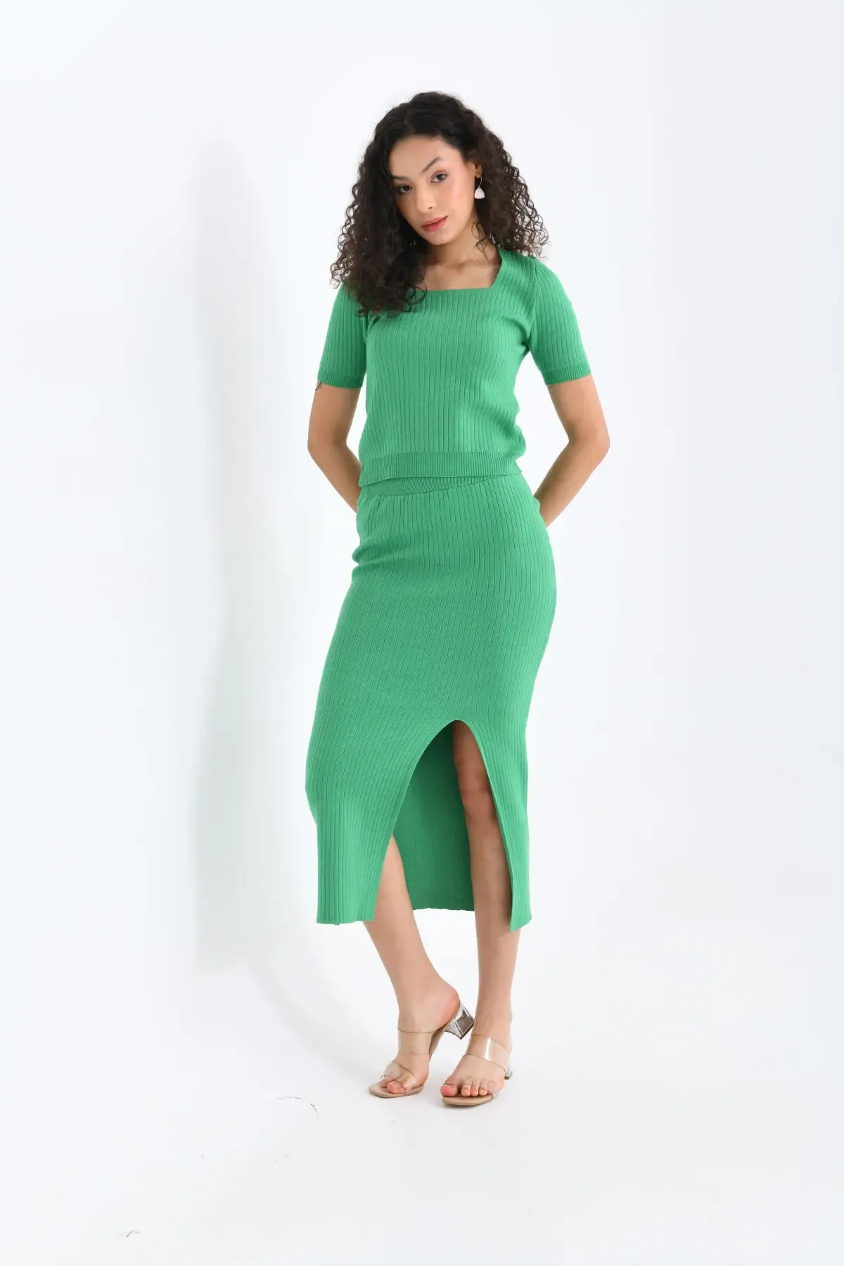 10168 Premium İplik Bluz Uzun Yırtmaçlı Etek Kaşkorse Alt Üst Triko Takım