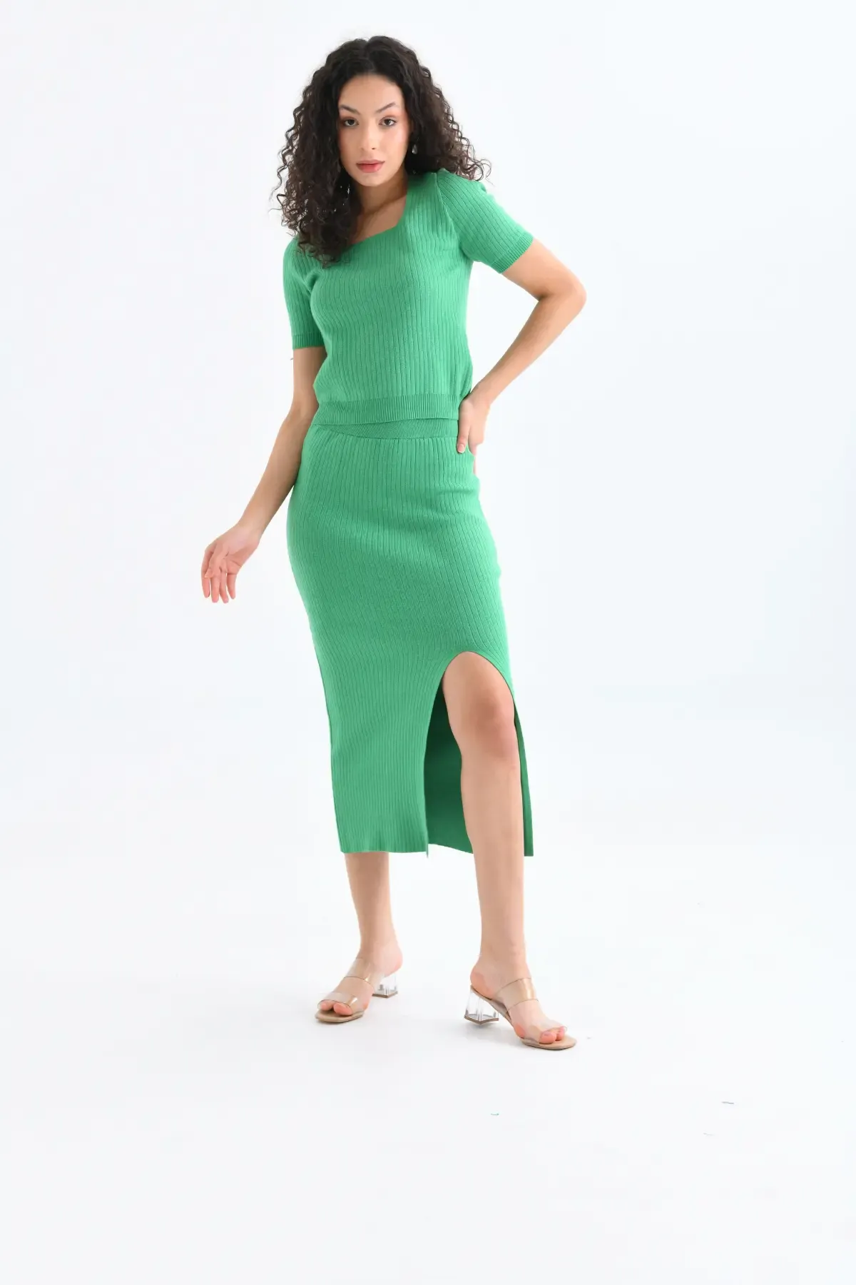 10168 Premium İplik Bluz Uzun Yırtmaçlı Etek Kaşkorse Alt Üst Triko Takım