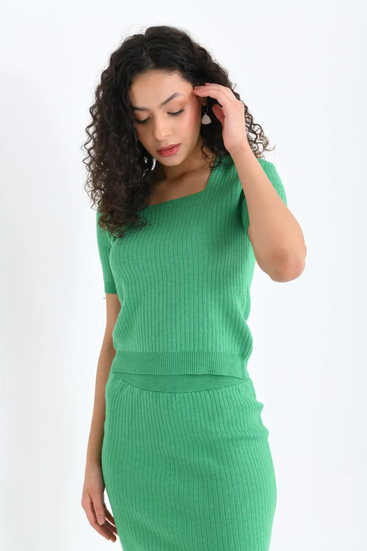 10168 Premium İplik Bluz Uzun Yırtmaçlı Etek Kaşkorse Alt Üst Triko Takım